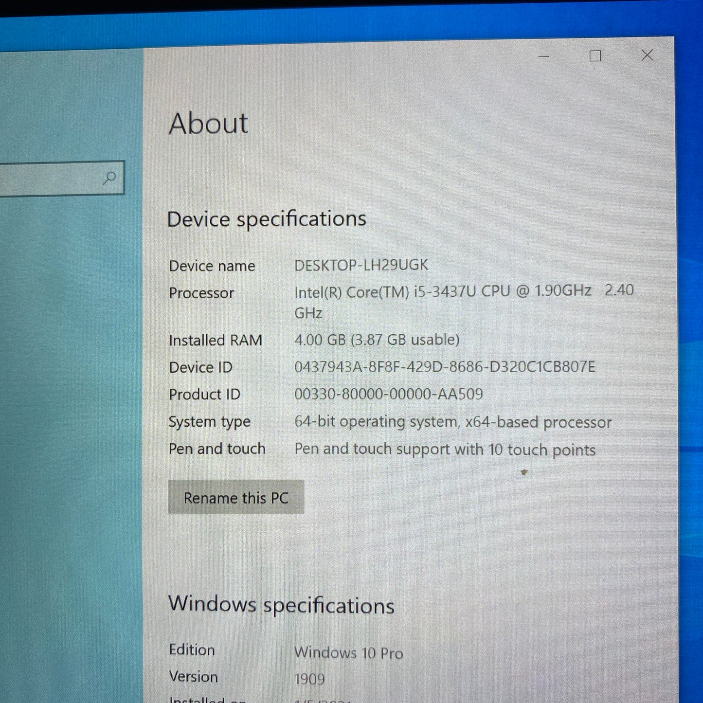 Panasonic ToughPad Tablet Computer i5-3437U @1.90Ghz 120 GB HDD 4GB RAM - FZ-G1