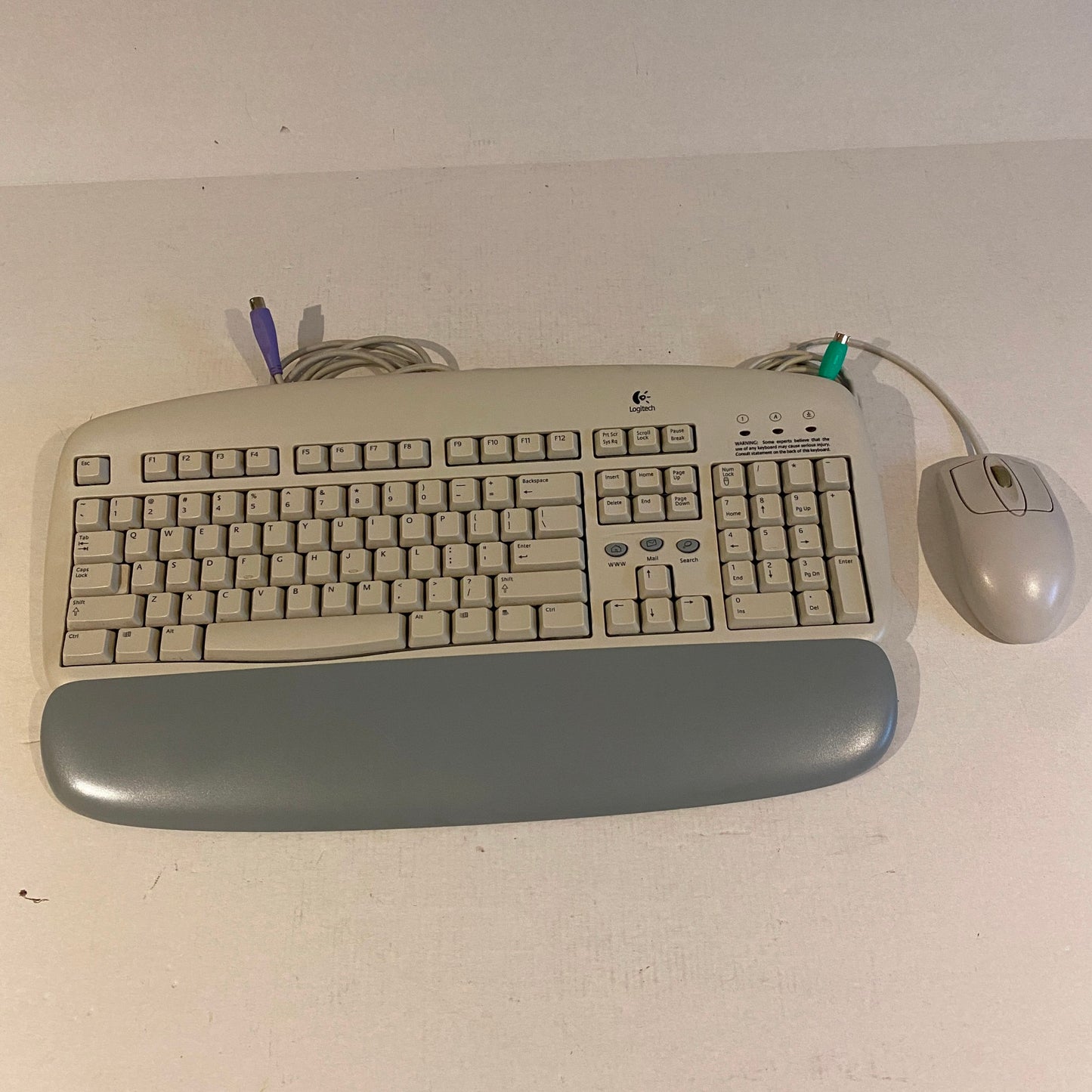 Vintage Logitech PS2 Keyboard Palmrest and Rollerball Mouse Set