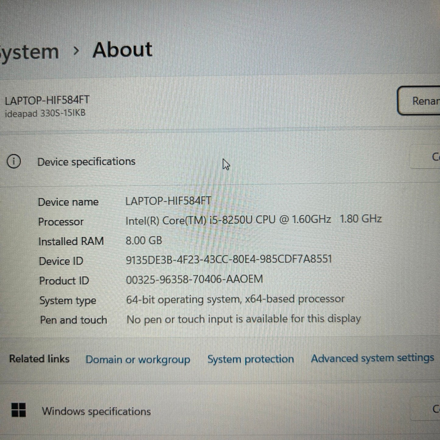 Silver Lenovo Ideapad Laptop - i5 8250U @1.60 Ghz - Windows 11 Home - 330S-15IKB